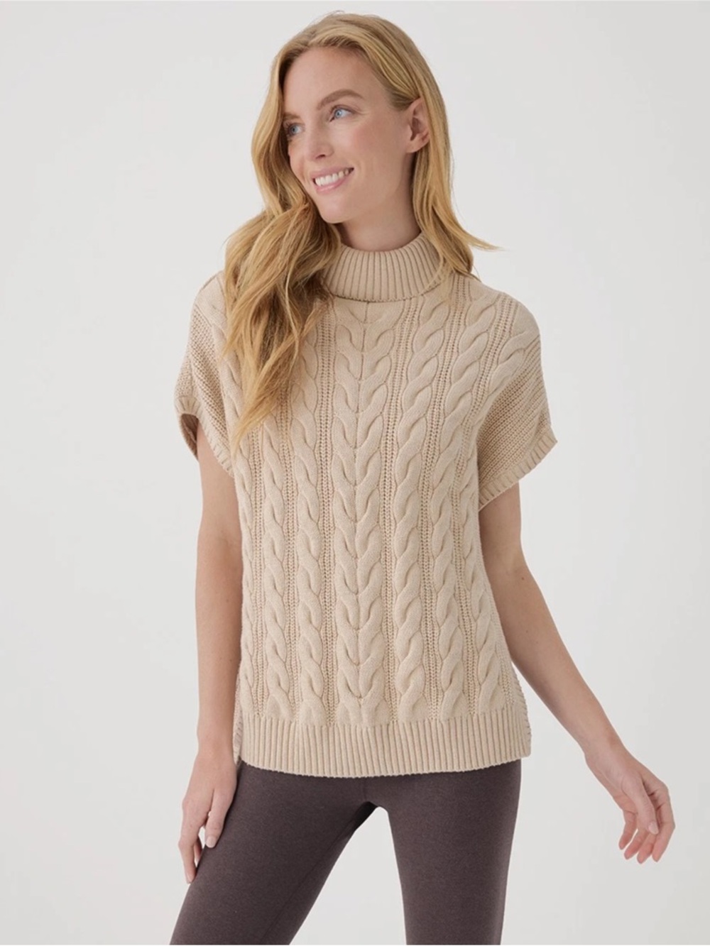 Pact Women’s Cable Knit Poncho Sweater Fisherman Vest Color Sandshell Size M/L - Picture 3 of 9